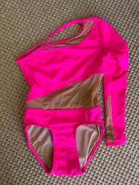 Kandi Kouture Bright Pink One-Shoulder Kids One-Piece Dance Leotard size L